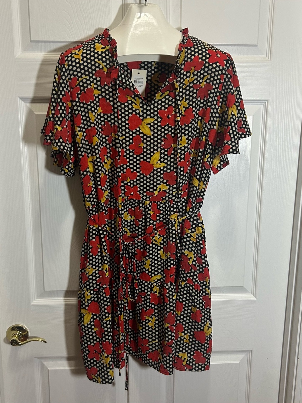 Loralette Black Polka Dot Mini Dress with Red & Yellow Floral Print
